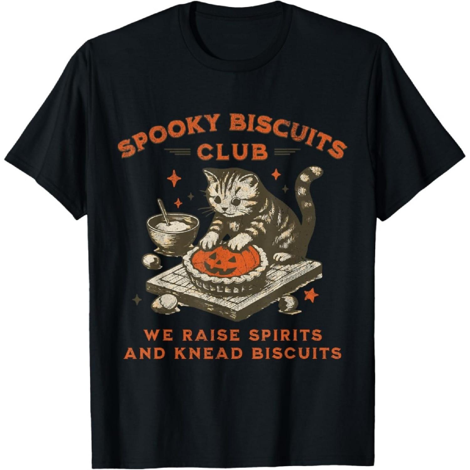 Spooky Biscuits Club Cat, Funny Halloween Baking Tee T-Shirt S