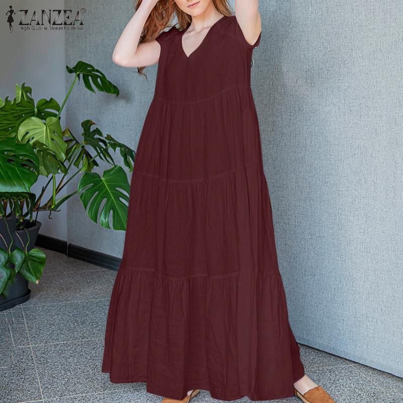 ZANZEA Women Daily Casual Loose V-neck Short Sleeve Long Dress