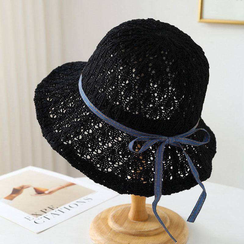 Bucket Hat Korean Straw Hat Women, Summer Travel Beach Hat With Bow, Handmade Woven Short Brim Hat