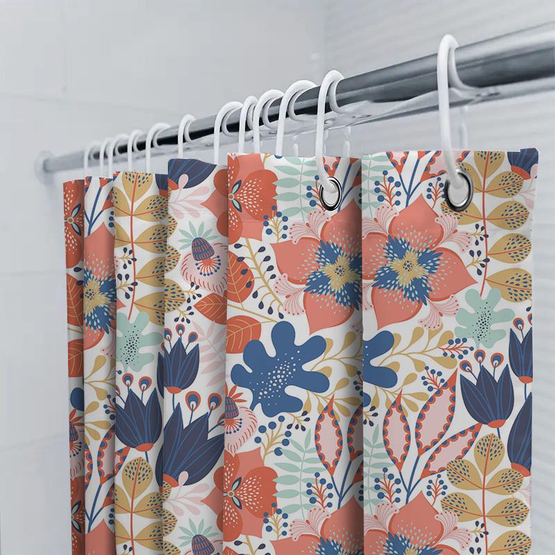 Floral Shower Curtain Bath Mat Decor, Modern Printed Waterproof Fabric Bathroom Rug Set Pink Blue Orange Green Leaves Flower Des