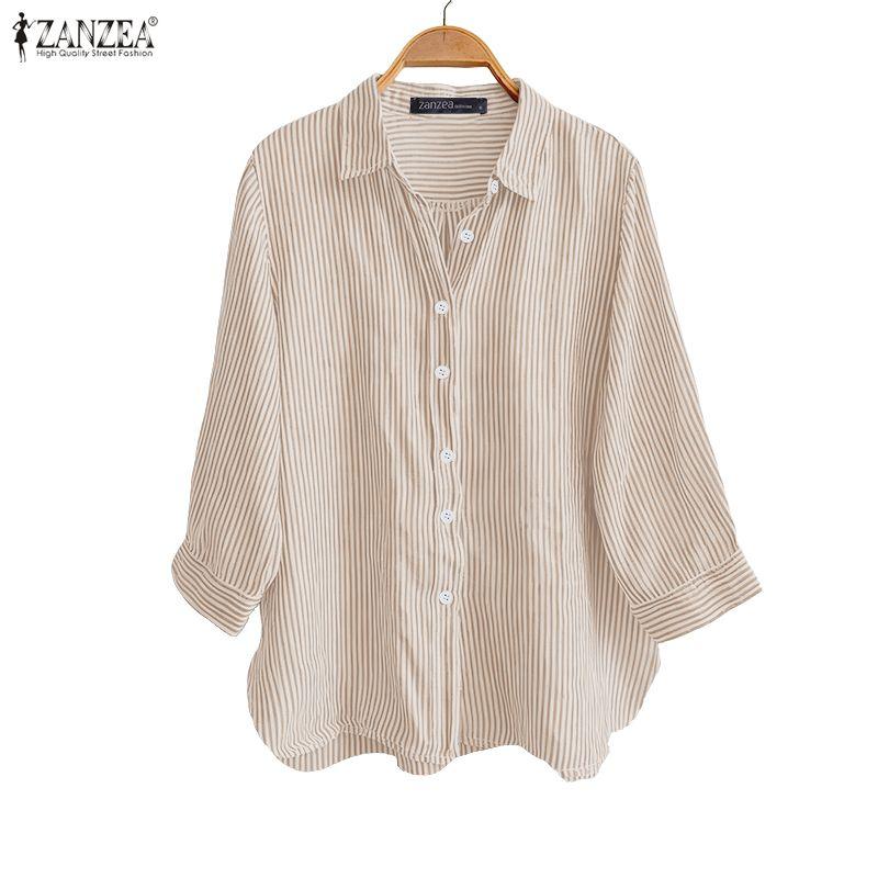 

ZANZEA Женская блузка с отложным воротником, свободного кроя, с рукавами 3/4 и полосатым принтом