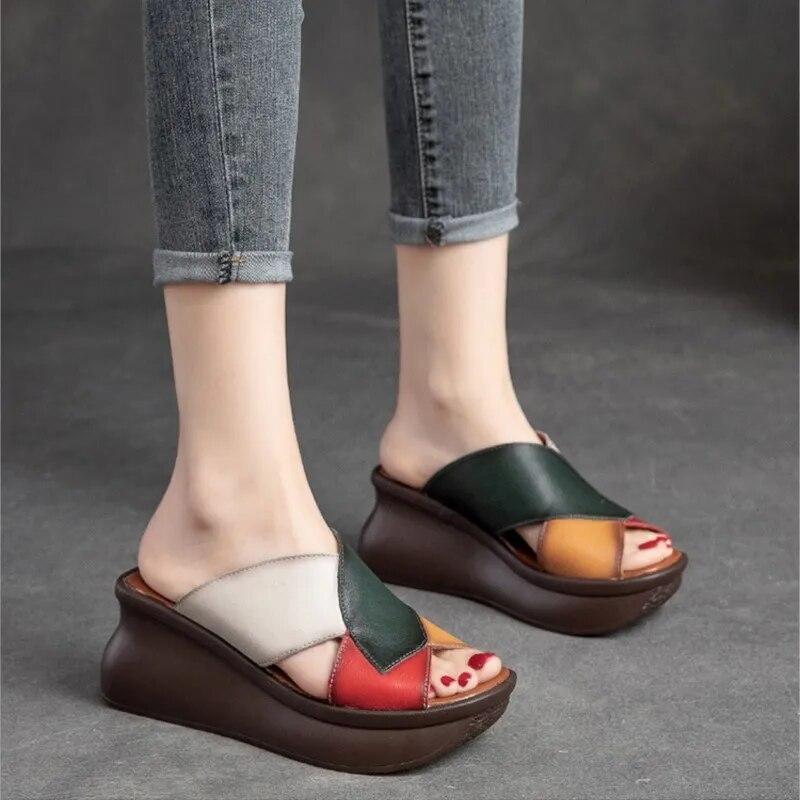 Johnature Retro Women Peep Toe Wedges Slippers Genuine Leather Thick Sole Slides Fashion Platform Shoes