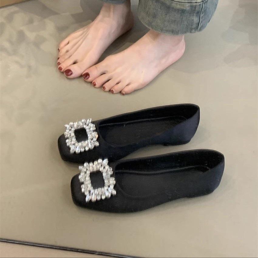 Gentle Single Shoes New Temperament Square Buckle Rhinestone Shallow Mouth Flat Bottom Commuter Floating Shoes