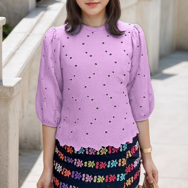 ZANZEA Women Casual Round Neck 3/4 Sleeve Loose Patchwork Crochet Blouse