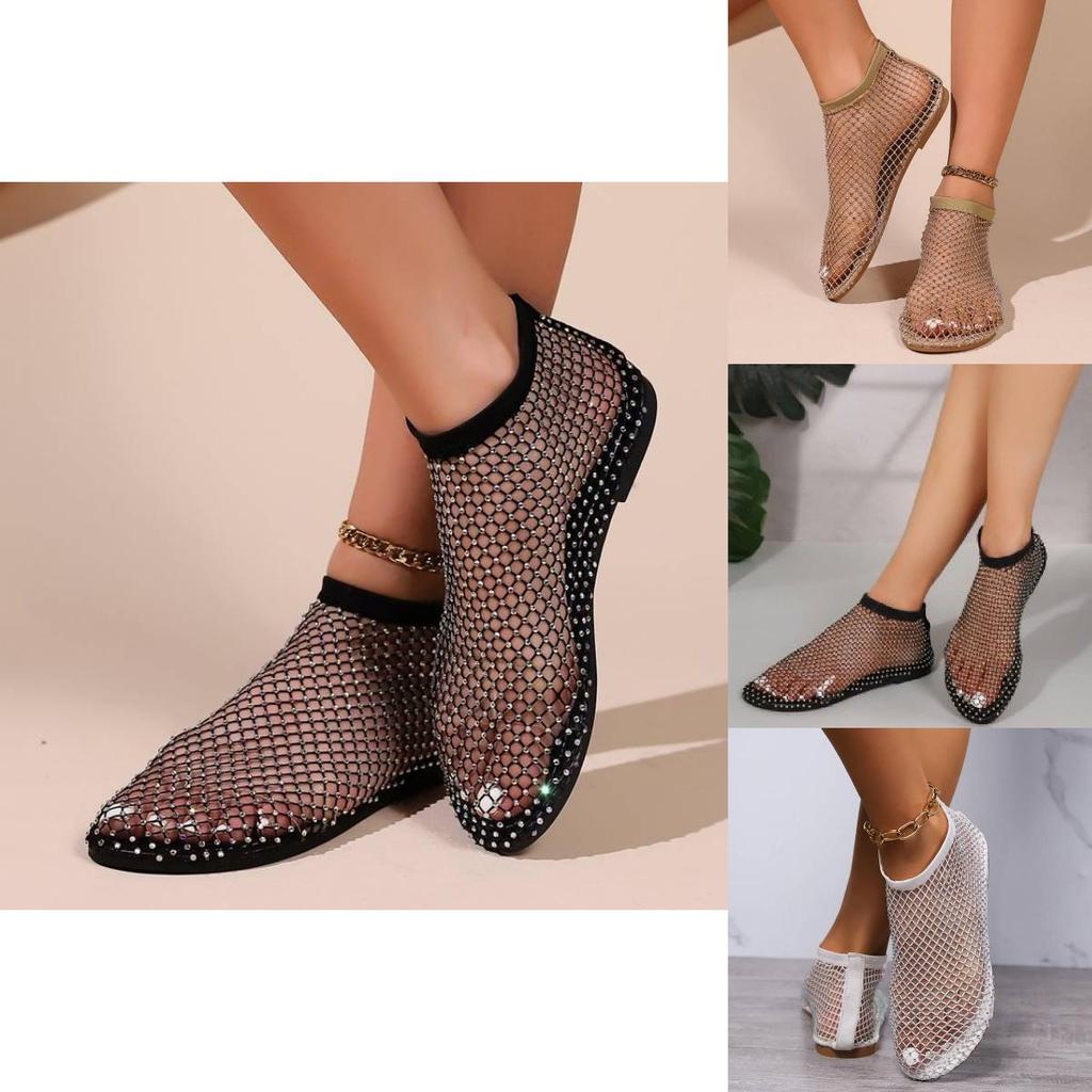 Sandali Romani Piatto Eleganti da Donna Decorati con Cristalli Tessuto a Rete Traspirante Moda Primavera Estate 2024