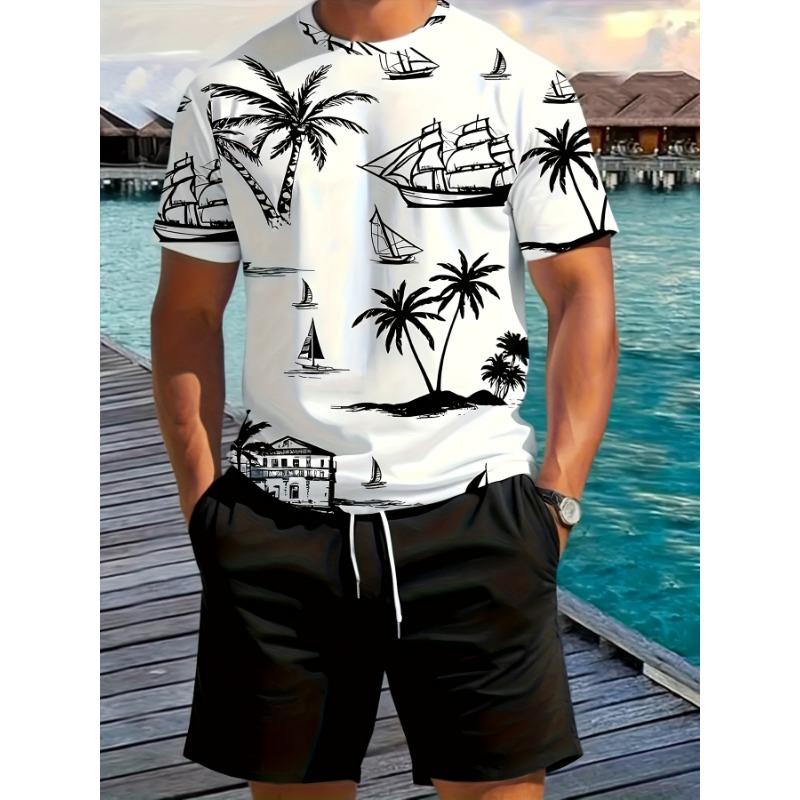

Fashionable Men s Palm Tree Pattern Summer Fresh T-shirt and Shorts XL