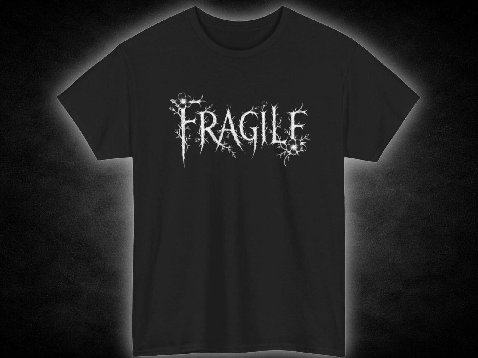 Fragile Gothic Script Tee | Distressed Horror Font, Black Graphic Shirt L