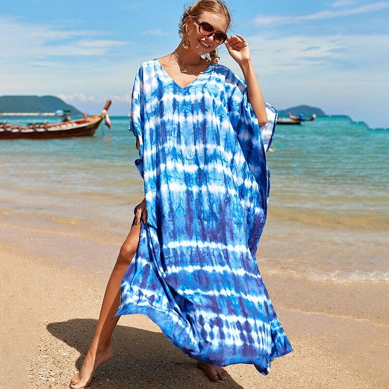 Kaftan Beach Dress Rayon Women Boho Colorful Printed Plus Size Maxi Summer Bathing Suit Cover Up
