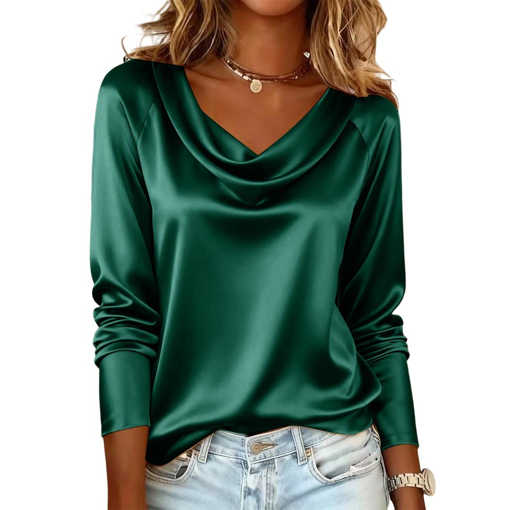 Fashionable Women's Versatile Long-sleeved Blouse With A Draped Neckline, Perfect For Spring Andcommuting.