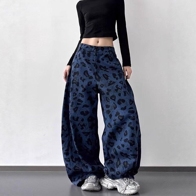 Leopard Print Contrasting Color Design Sense Wide-leg Scimitar Jeans Women's Loose Tide Fashion Pants Tide Deep Blue Wash Oversized Wide-leg Pants