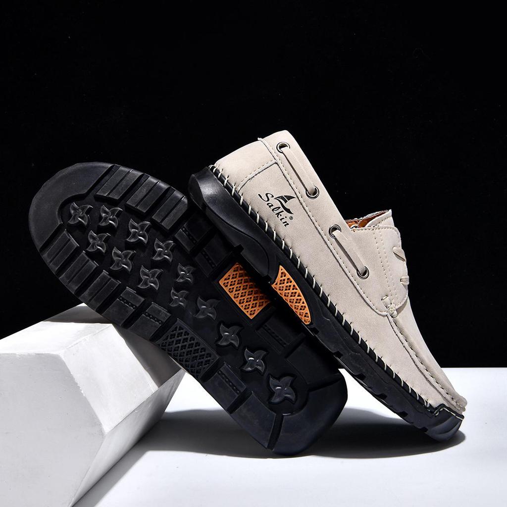 2026 Plus Size Men's Leather Casual Loafers - Hand-Stitched Low-Top Shoes for Spring