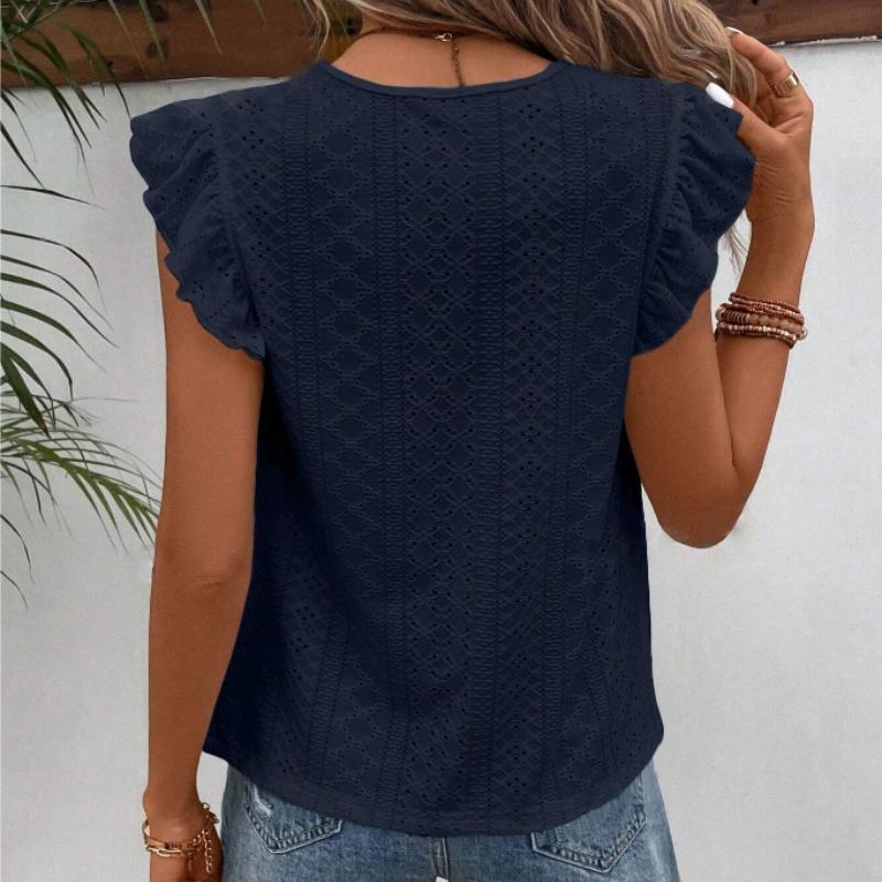Summer New Round Neck Hollow Loose Lace Shirts Women Elegant Solid Ruffled Short Sleeve Casual Blouse Women Tops Slim Fit Vintage Fashion Shirt 26600