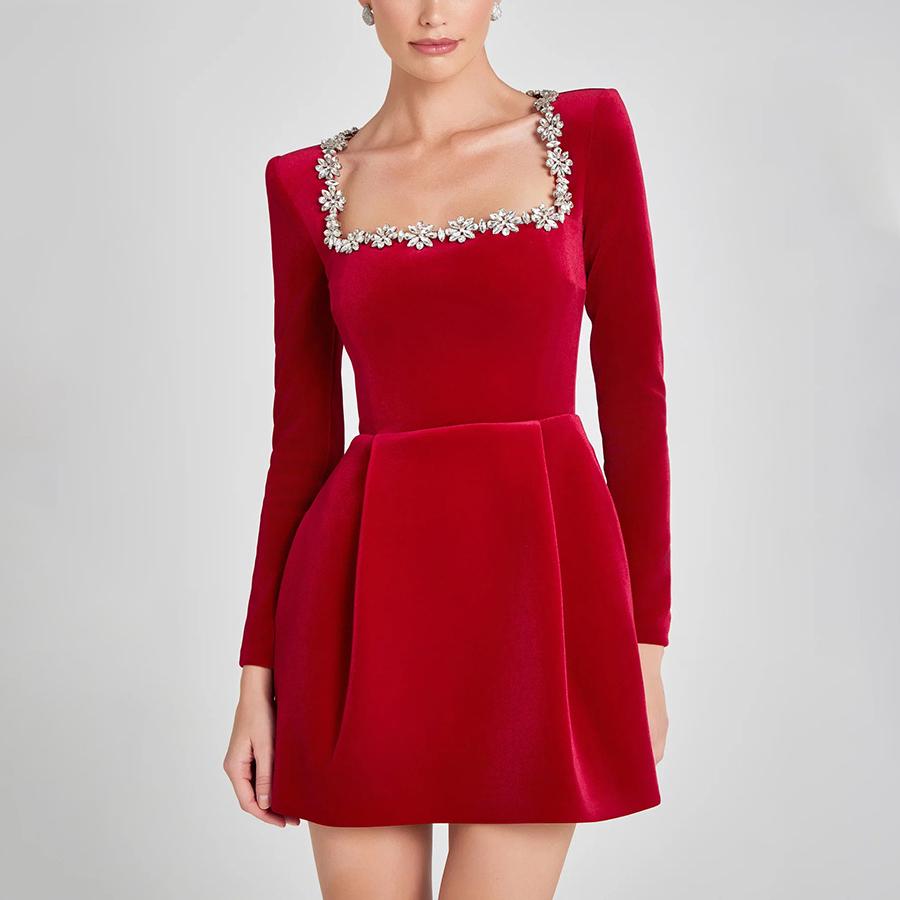 Elegant Red Velvet Women's Dress Slim Diamond Setting Square Collar Long Sleeve Mini Dresses Female Winter Lady