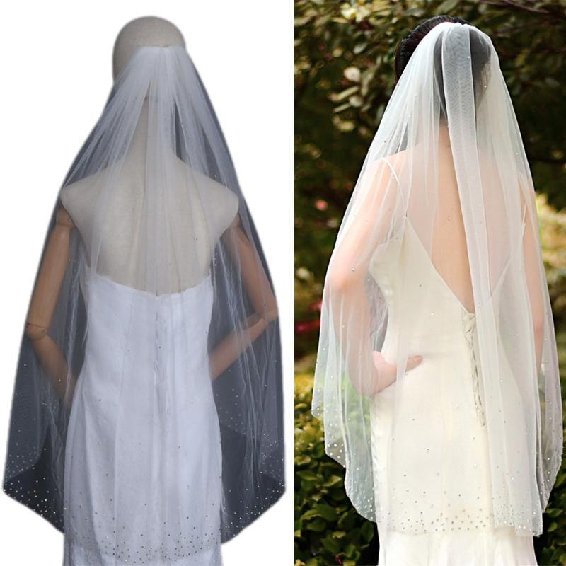 1 Tier Wedding Bridal Veil with Comb Sparkling Rhinestones Adornment Short Fingertip Length Cut Edge Tulle Veil