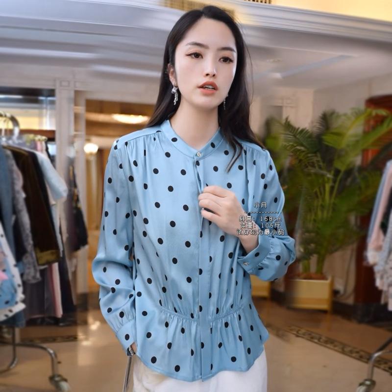 

Женская летняя блузка из шелка в горошек, модная блузка-кардиган из шелка тутового дерева со стойкой и поясом 3XL [Recommended 135~ 72.5 kg]