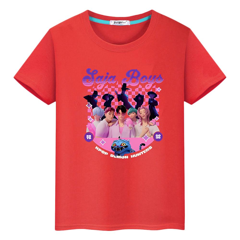 

Saja Boys kpop demon hunters Print 100%Cotton Cute Tops y2k t shirt for kids boy 10year anime Short Kawaii Tees girls clothes 100 красный