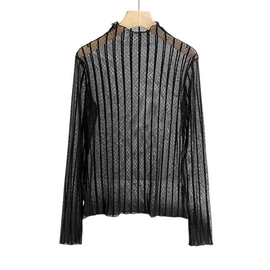 Women Sunscreen Tops Half High Collar Long Sleeve Perspective Mesh Tops Lace Lines Texture Blouse Daily Wear