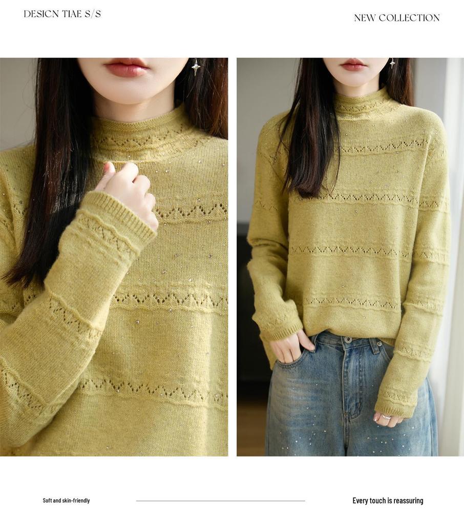 Vintage-Inspired Heavy Crochet High Neck Women's Pullover Sweater, Stylish and Warm Base Layer Top for 2026