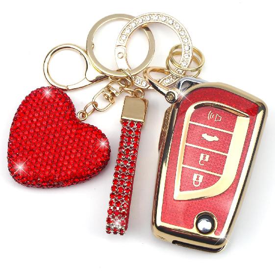 Key Fob Cover with Diamond Keychain, Car Key Holder Compatible with Toyota Avalon Camry Corolla Fortuner Highlander Levin Rav4 Sequoia Sienna Tacoma