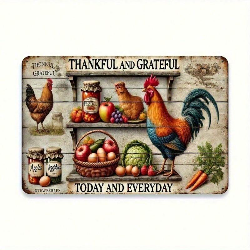 Vintage Chicken Farm Wall Art Sign Aluminum, 12x8 Inch Rustic Kitchen Decor Grateful Thankful Quote, Farmhouse Sign for Kitchen