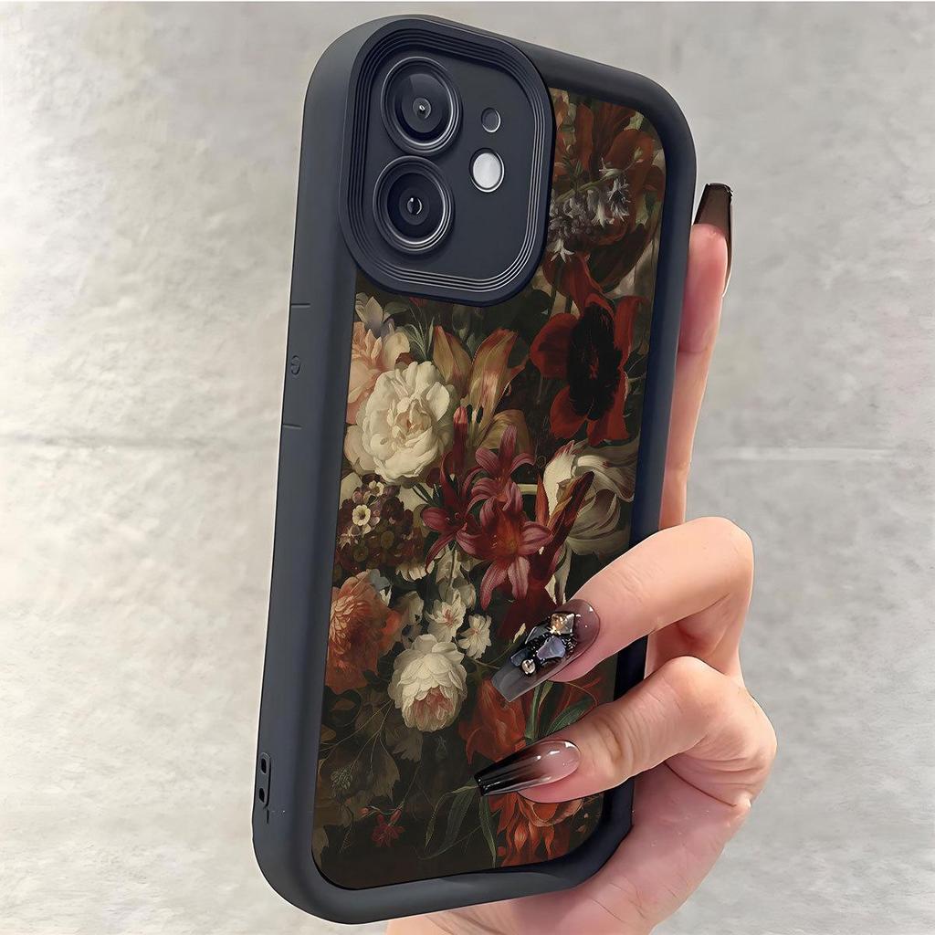 Black Grooved Floral Case for iPhone 14/15/16/17 Pro Max with 100 Flowers Protection