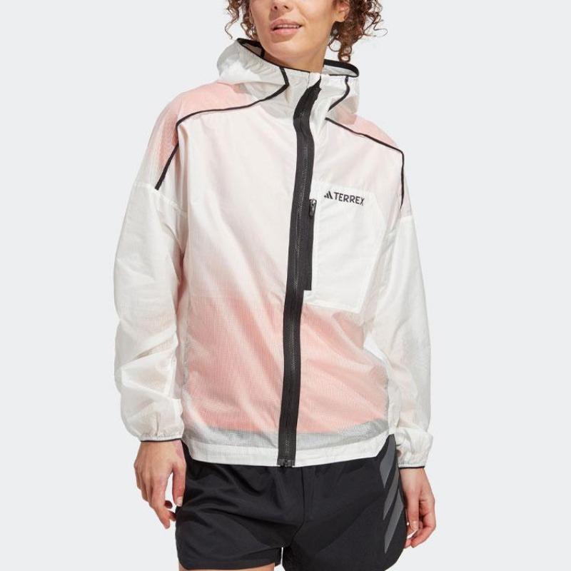 Adidas Classic Logo Print Outdoor Sports Hooded Jacket Lightweight Casual Outerwear Women White HT9405
