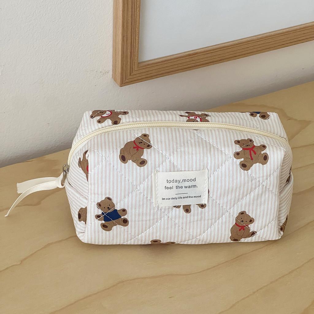 Blue Striped Bear Cosmetic Bag With Quilted Storage For Daily Use And Travel