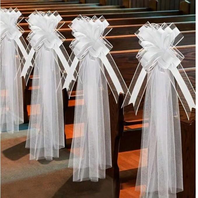 New 4PCS Church Wedding Pew Bows With Long Tulle Tails Chair Aisle Decor Wedding Car Decoration for Church Aisle Decors Ceremony 4PCS белый
