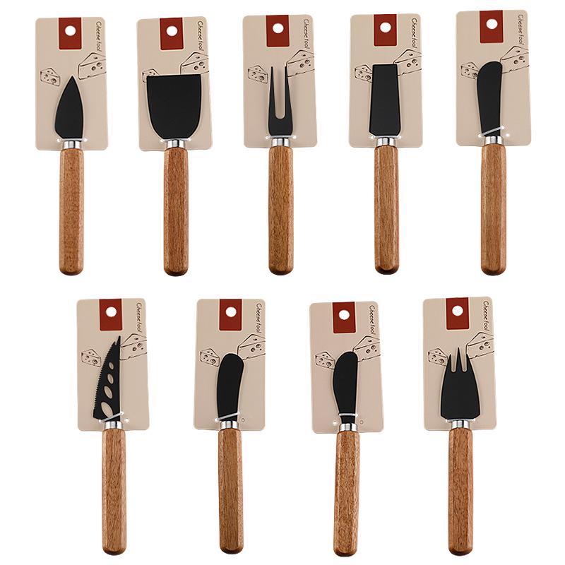 In-Stock Cheese & Butter Knife Set: Stainless Steel Black Blade with Acacia Wood Handles, Western Cutlery