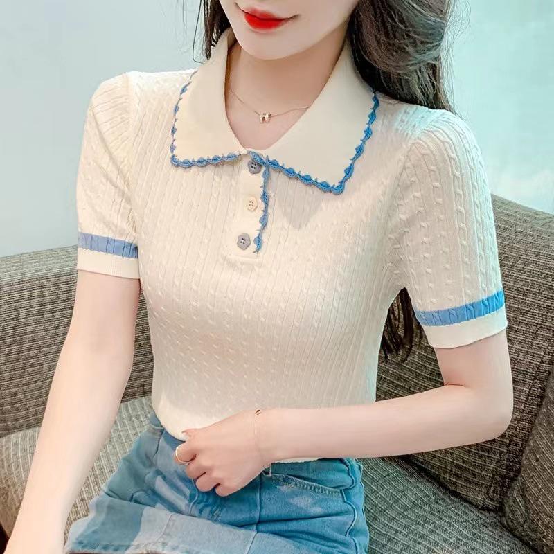 Women s Color Block Polo Collar Ice Silk Knit Top - Summer 2025 Edition L