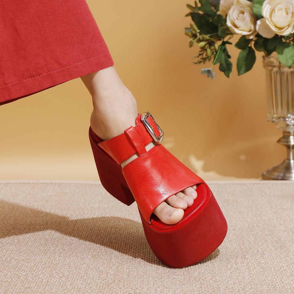 Mode GKTINOO 2025 Sommar Nya Äkta Läder Tjocksulade Höjdökande Tofflor Trendiga Damers Superhöga Klackar Sandaler