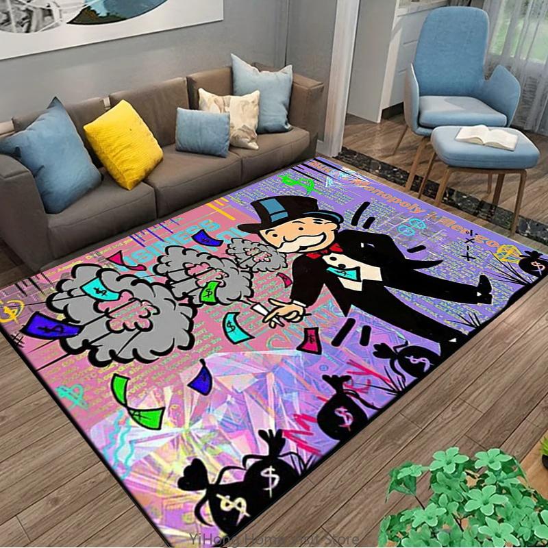 Playful Rich Man Game Monopoly Dollar Cartoon Carpet Rug for Bedroom and Living Room Non-slip Floor Mat Decorative Sofa Doormat