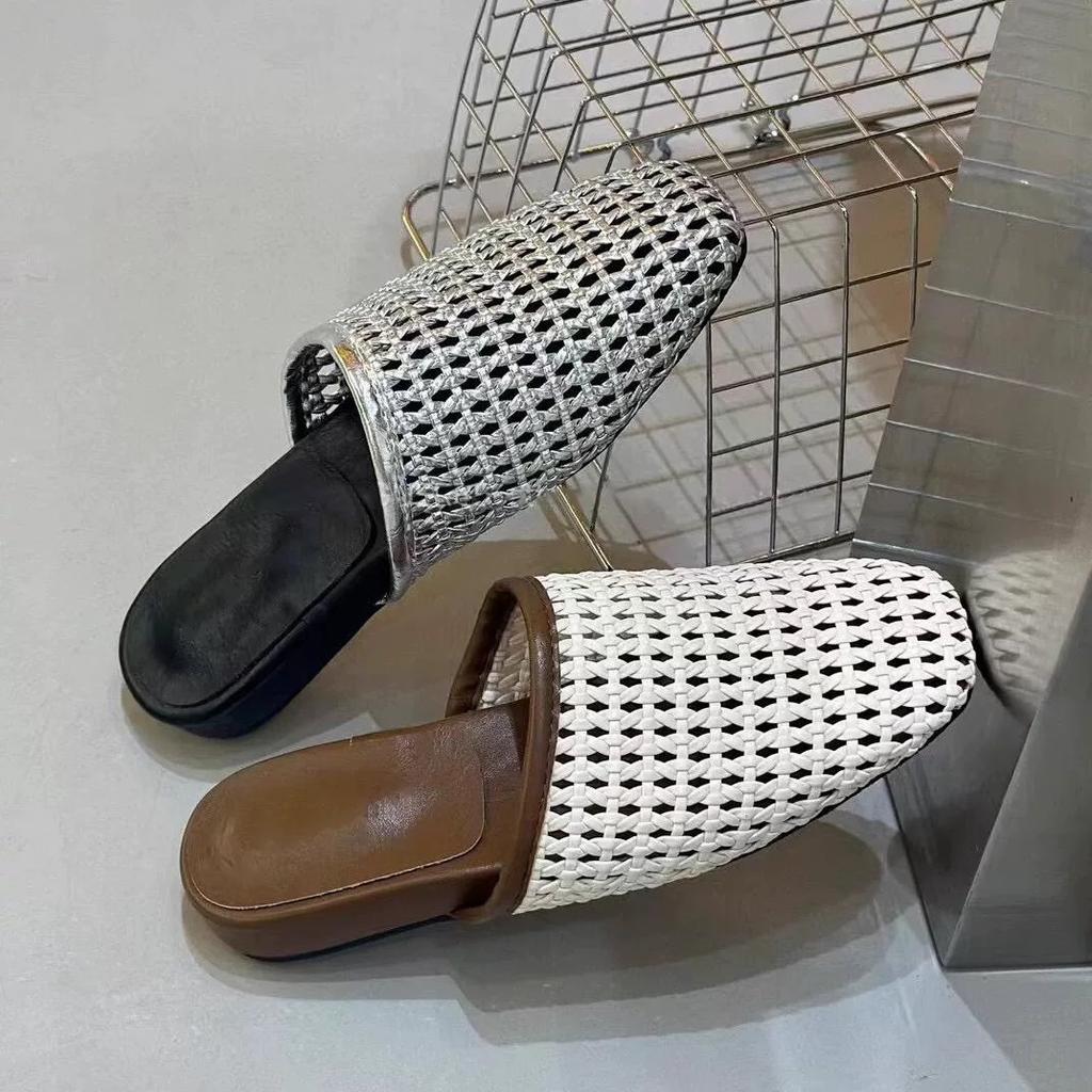 Sheepskin version~ Korean version woven hollow bag head half slippers women's 2025 new summer thick bottom flat bottom sandals outside wear