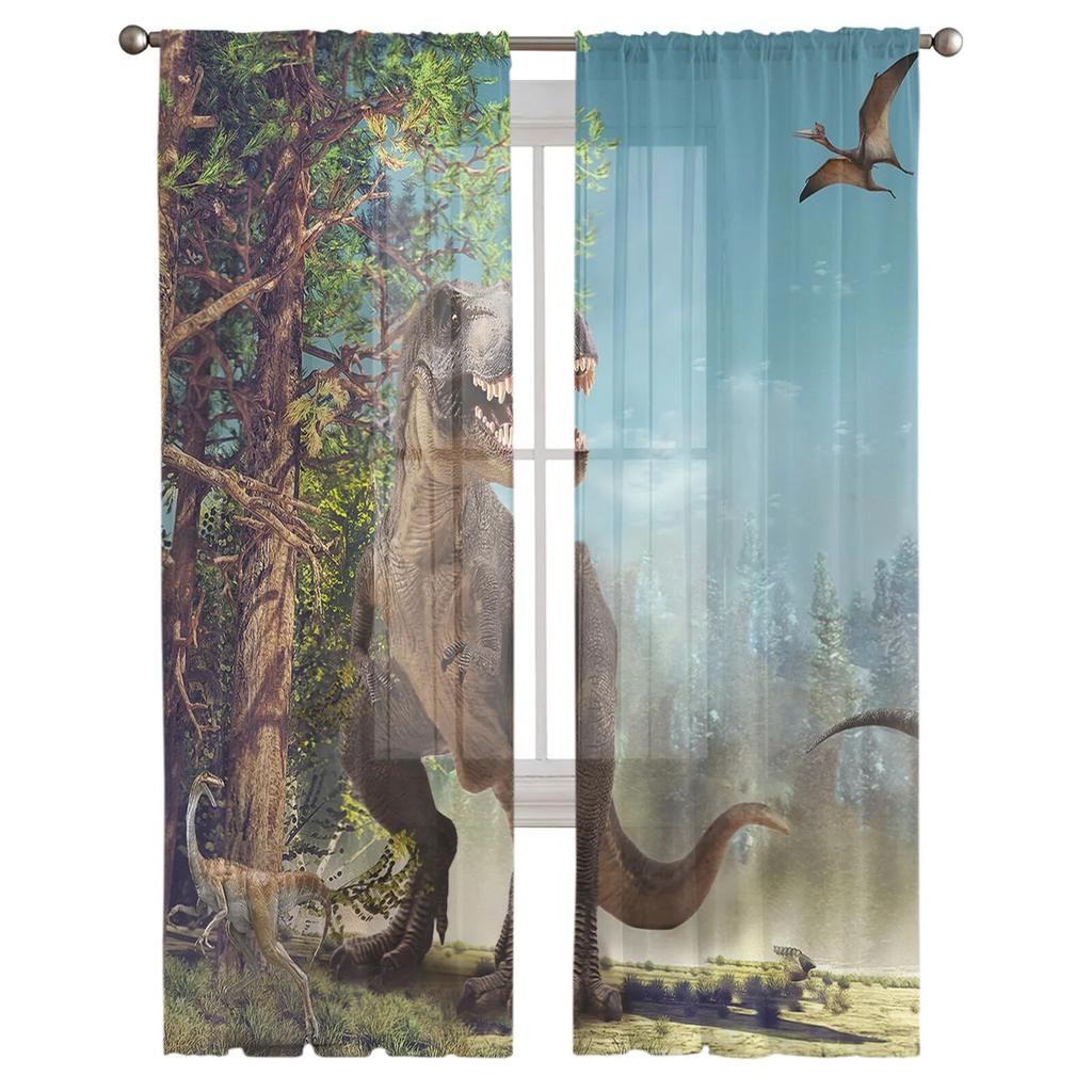 Jurassic 3D Dinosaur Virgin Forest Sheer Curtains for Living Room Bedroom Tulle Window Drapes for Kitchen Decoration