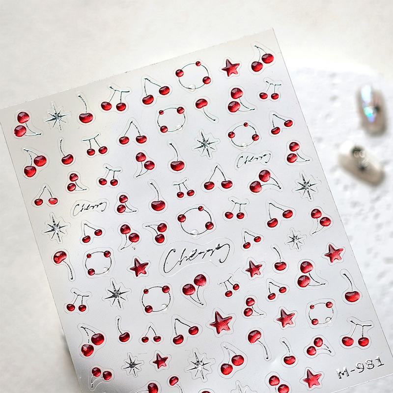 1 Sheet Chic Self Adhesive Manicure Decal Lovely Red Fruit Strawberry Bowknot 5D Nail Art Stickers Diy Accessories