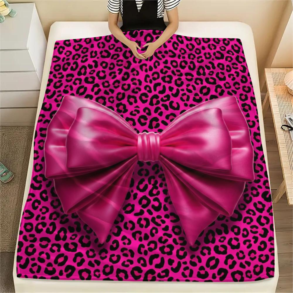 1Pc Pink&Black Bow Print Flannel Blanket, High quality Comfortable for All Seasons, Home Decor, Warmth and Comfort, Perfect for Christmas Gifts W28