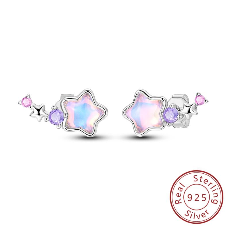 New Original 925 Silver Hoop Earrings Purple Zircon Flowers Butterflies Studs Earring For Women Wedding Engagement Gift
