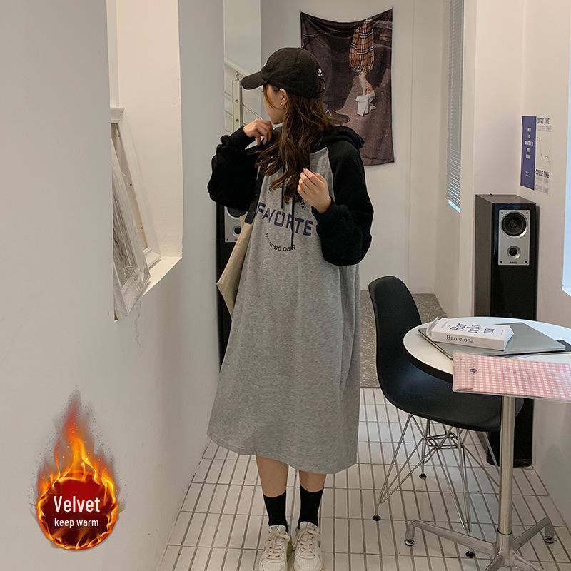 2023 Autumn/Winter Women's Plus Size Velvet Hooded Sweatshirt Dress - Loose, Lazy Style, Over-the-Knee Skirt, Slimming Fit