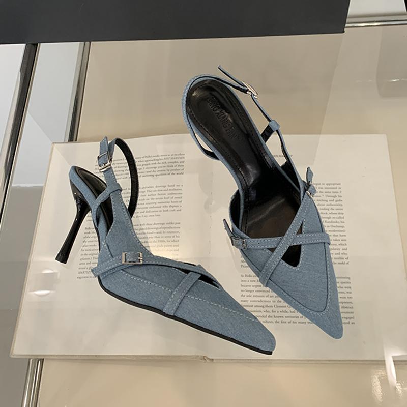Fashion SUOJIALUN Spring New Brand Women Sandal Fashion Pointed Toe Shallow Slip On Ladies Slingback Shoes Thin High Heel Pumps Shoes