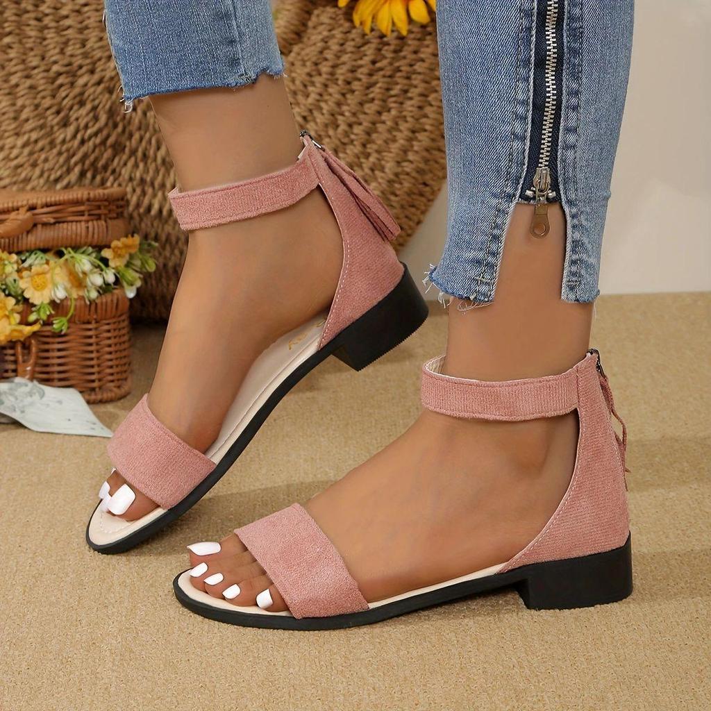 2025 Retro Plus Size Peep-Toe Sandals: Solid Color, Hollow Out, Open-Toe, Back Zipper Flats for Women