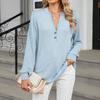 Women's Fashionable Solid Color V-neck Long Sleeved Button Casual Pullover Top