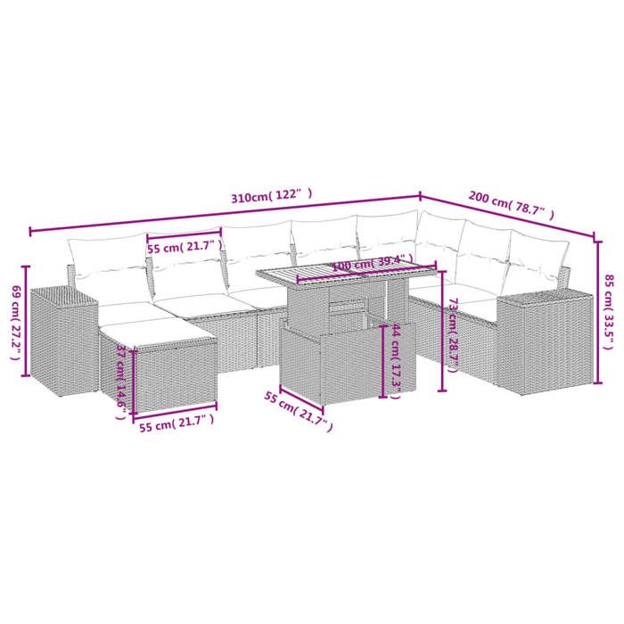 VidaXL Salon de Jardin avec Coussins 9 pcs, Canapés de Terrasse, Ensemble de Meubles de Patio, Mobilier d'Extérieur, Gris 3275965