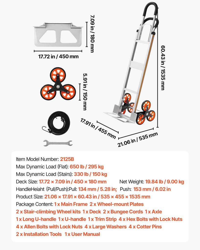 Stair Climbing Cart, 150 Kg Stair-Climb Capacity, Aluminum Alloy Folding Trolley Cart with Telescoping Handle, 6 Wheels and 2 Bungee Cords, Stair