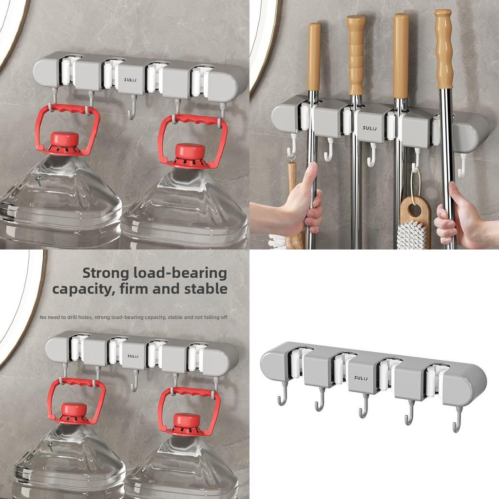 Modern Minimalist Abs Bathroom Wall Mount Mop Holder With Strong Clips And Hooks For Home Organization