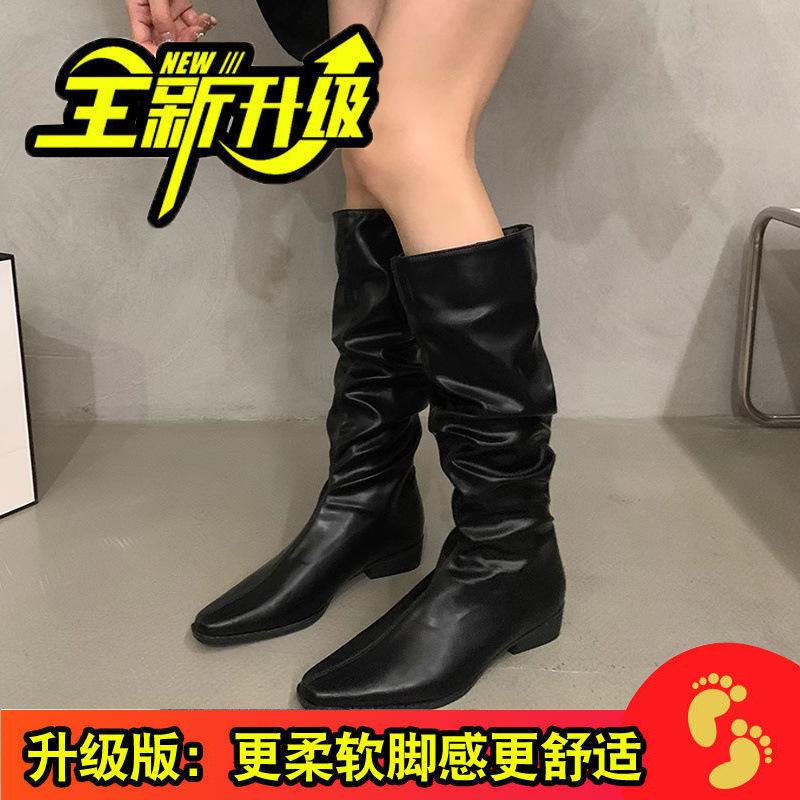 Thick Heel Pleated Pile Long Knight Boots Women's Shoes New Year Spring and Autumn Western Skinny Medium Tube Long Boots