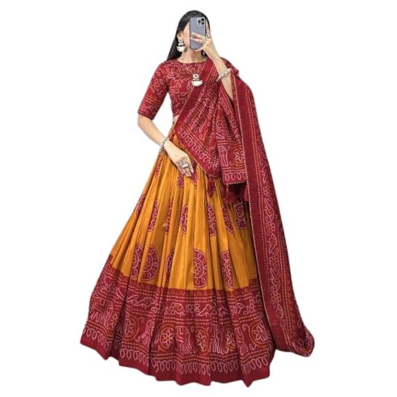 Conjunto de Lehenga Choli de Seda Tussar Estampado Bandhej para Mujer, Blusa sin Coser