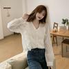 Women's Ruffled Solid Color Shirt V-neck Single Breasted Bubble Sleeve Pleated Ladies Blouses French Version Loose Casual Woman Top