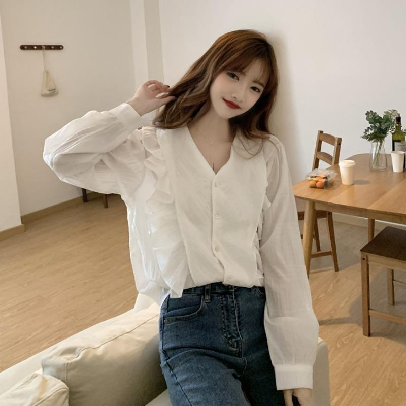 Women's Ruffled Solid Color Shirt V-neck Single Breasted Bubble Sleeve Pleated Ladies Blouses French Version Loose Casual Woman Top
