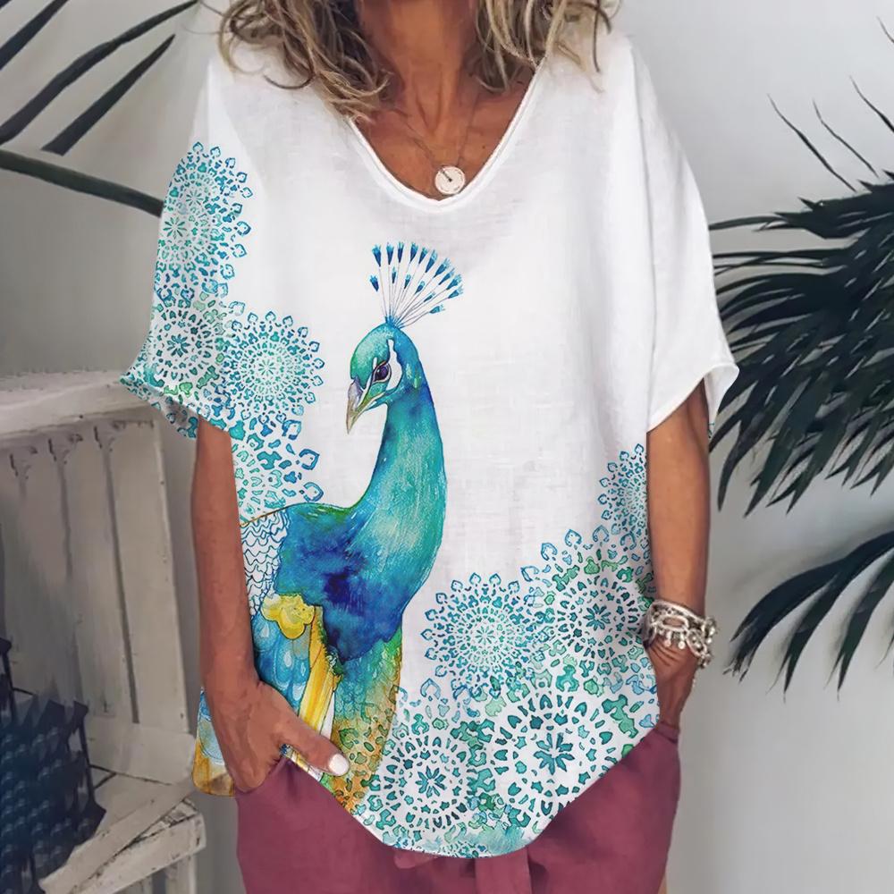 Fashion Women's T Shirt V-Neck Short Sleeve Top Women 3d Peacock Graphics Summer Plus Size Everyday Casual Female Clothing 5XL