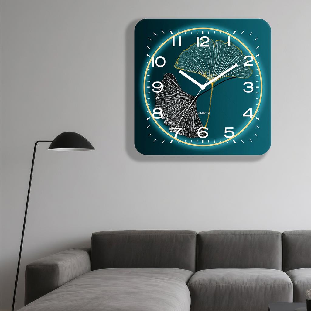 New Chinese Style Blue and Green Two-color Ginkgo Leaf Square Ginkgo Leaf Wall Clock